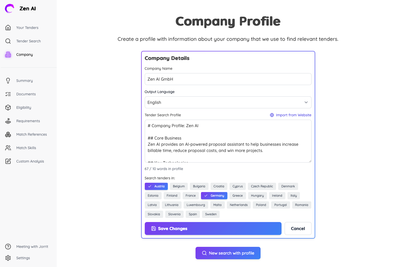 Screenshot of the company profile page showing the company details section