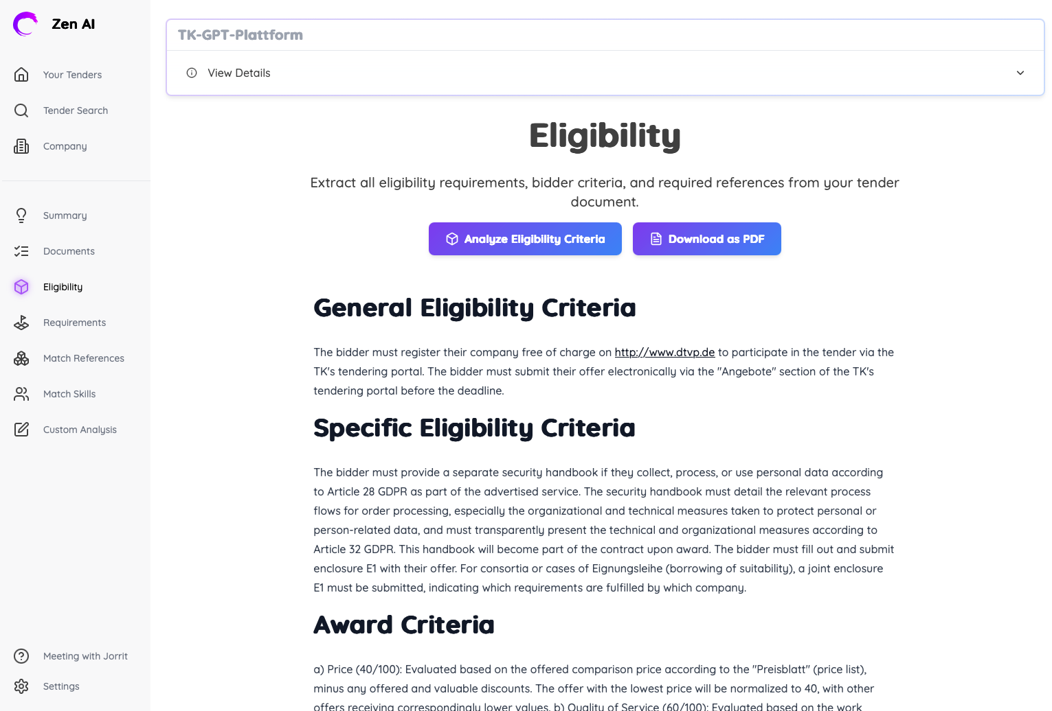 Eligibility analysis showing general criteria, specific criteria, award criteria, and required references