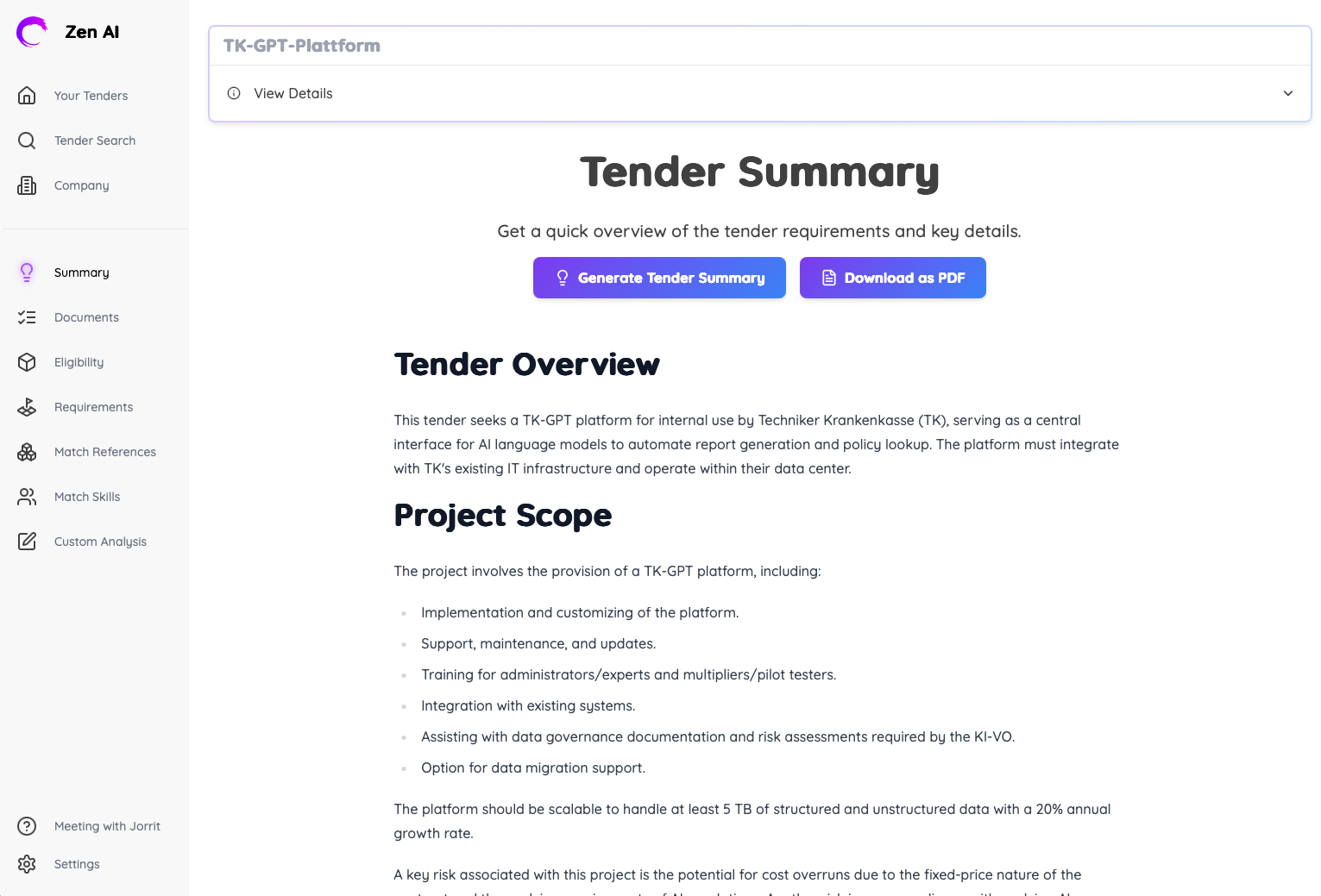 Summary analysis showing tender overview, project scope, key requirements, and timeline