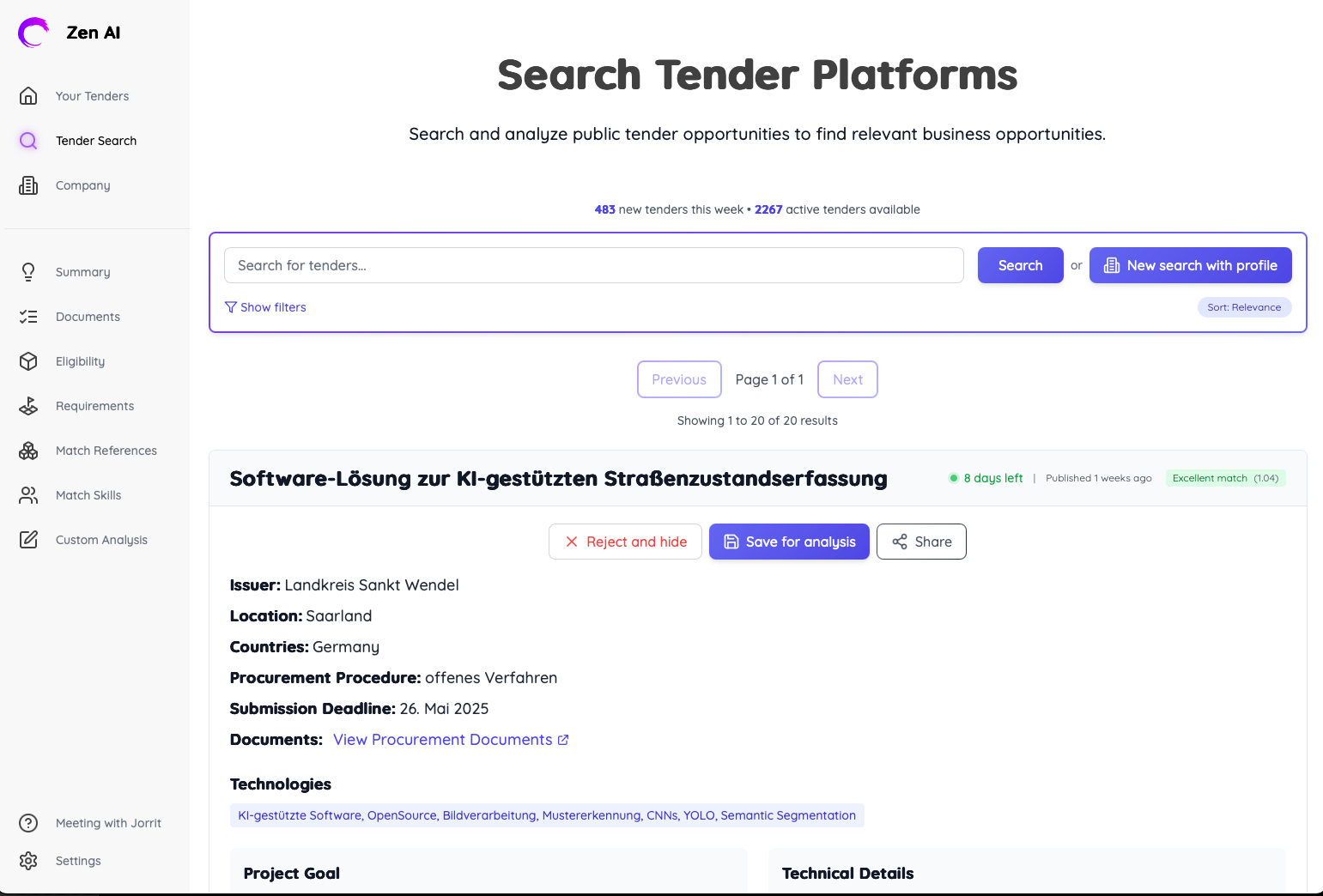 Tender search interface with search bar and filter options