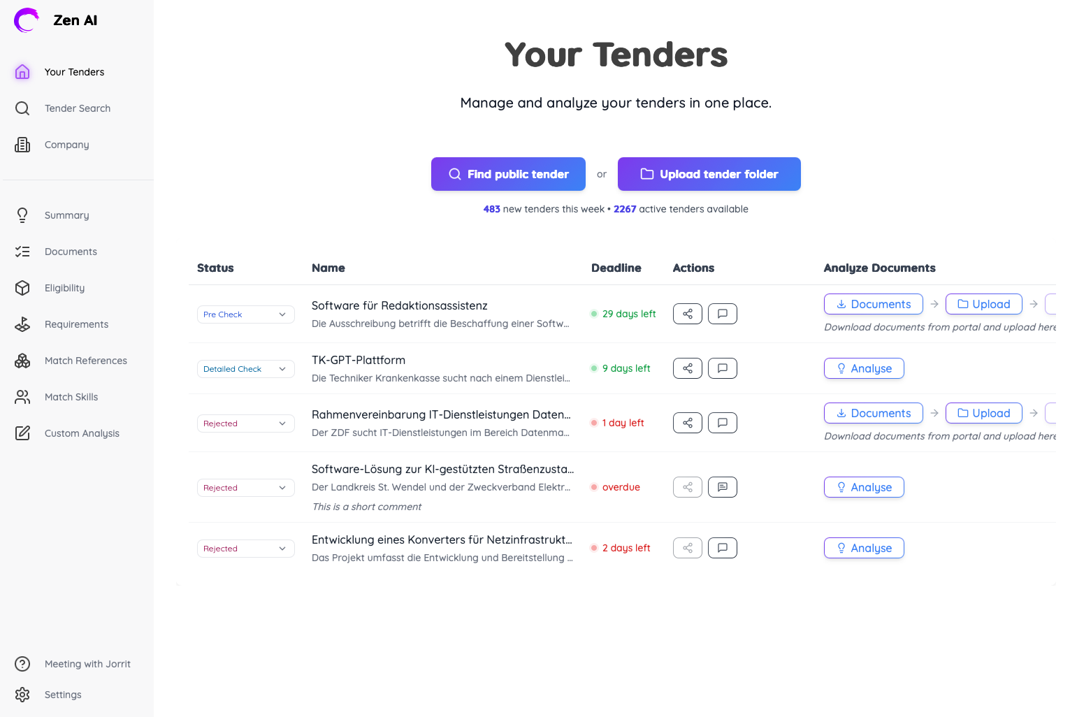 Opportunities dashboard showing your tenders with status indicators and action buttons